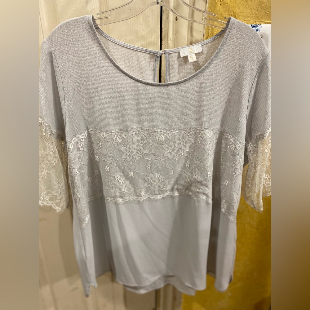 Womens Top Gray Size XL Charming Charlie Shirt Blouse Lace Short Sleeve